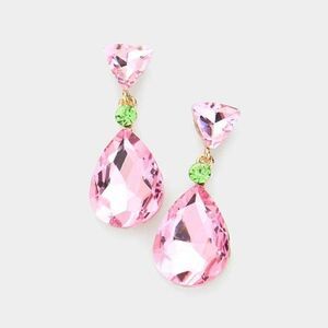 Triangle Round Teardrop Stone Pink and Green Evening Earrings